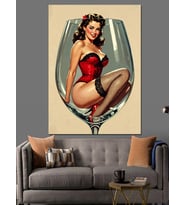 Şarap Kadehli Pin-Up Kadın Dekoratif Kanvas - Mdf Ahşap Tablo