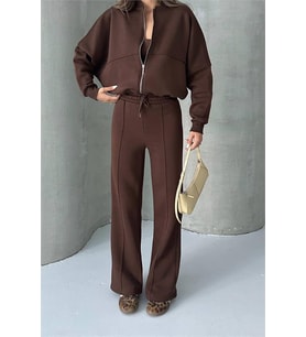Neşeli butik kadın şardonlu üç iplik eşofman takımı GTS018 (Kahverengi)