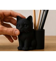 3D Baskı Kedi Figürlü Kalemlik - Masaüstü Organizer - Siyah