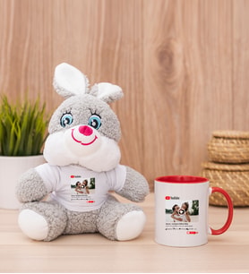Kişiye Özel Youtube Tasarım Fotoğraflı Peluş Tavşan ve Kırmızı Kupa