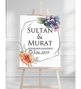 Söz Nişan Düğün İçin 50x70 Karşılama Panosu - Renkli Çiçek Tasarımlı 7