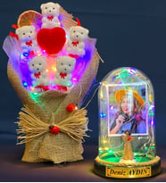 Size Özel Renkli Led Işıklı Fanus ve Renkli Led Işıklı Ayıcık Buketi Hediye Seti (Model 6)