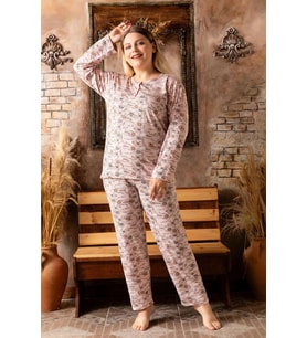 Sude Kadın Bambu Büyük Beden Uzun Kol Düğme Yaka İnce Pijama Takımı 4425 - 1 Adet (Pudra)