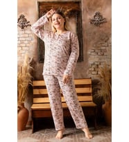 Sude Kadın Bambu Büyük Beden Uzun Kol Düğme Yaka İnce Pijama Takımı 4425 - 1 Adet (Pudra)