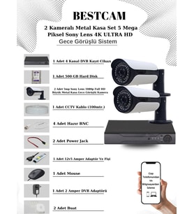 BESTCAM 2 Kameralı Metal Kasa Set 5 Mega Piksel Sony Lensli 4K Ultra HD Gece Görüşlü Sistem 500 GB Hard disk