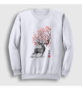 Presmono Unisex Beyaz Sakura Deer Geyik Sweatshirt 372721tt