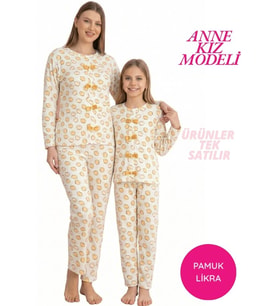 Tarık Kids Fiyonk Detay Kaşkorse Fitilli Mevsimlik Kumaş Uzun Kol Pijama Takımı-Anne Kız Modeli-TEK ÜRÜN FİYATI (Sarı)