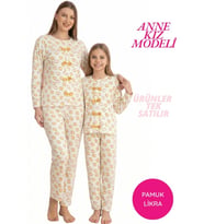 Tarık Kids Fiyonk Detay Kaşkorse Fitilli Mevsimlik Kumaş Uzun Kol Pijama Takımı-Anne Kız Modeli-TEK ÜRÜN FİYATI (Sarı)