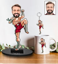 Kişiye Özel Kick Box  Tasarımlı Karikatür Biblo Anahtarlık Ve Kupa Hediye Seti 112