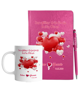 Sevgililer Gününe Özel Pembe Defter Kalem & Kupa Hediye Seti 32