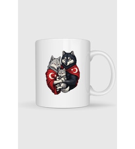 Anne - Baba Ve Çocuk Turan Kurt Ve Türk Bayrağı Baskılı Kupa Bardak