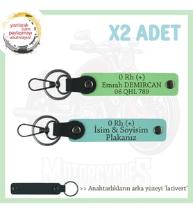 Biker Stiline Özel, İsim Plaka ve 0 Rh (+) Kan Grubu Yazılı Deri x2 Anahtarlık, Turkuaz-F Yeşil-Laci (Çok Renkli)