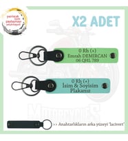 Biker Stiline Özel, İsim Plaka ve 0 Rh (+) Kan Grubu Yazılı Deri x2 Anahtarlık, Turkuaz-F Yeşil-Laci (Çok Renkli)