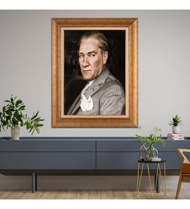 Altın Varaklı Çerçeveli Paspartulu Atatürk Tablo DC1134 (Gold)