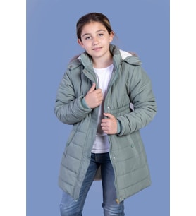 Toontoy Kız Çocuk Beli Lastikli Kapüşonlu İçi Kürklü Kaban (Yeşil)