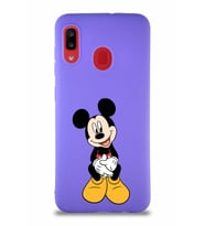 Samsung Galaxy A20 Soft Premier Kapak Mickey Mouse-A Tasarımlı Silikon Kılıf - Mor (Şeffaf)