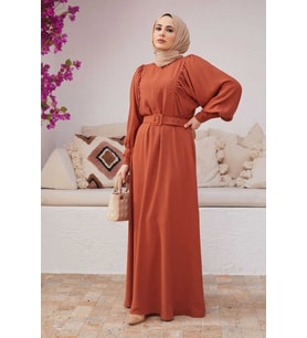 6583-Krep Elbise Taba
