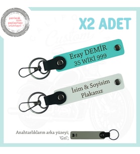 Göz Alıcı Detaylarla Hazırlanan Deri Anahtarlıklar, 2’li İsim Ve Plaka Yazılı Set, Beyaz-Turkuaz-Gr