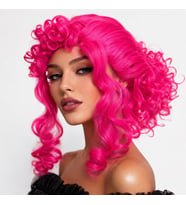 Neon Pembe Bukleli Kıvırcık Cosplay Peruğu - İçi Astarlı