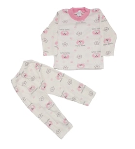 Kız Çocuk Beyaz Pembe Yıldızlı Ayılı Desenli 2'li Pijama Takımı