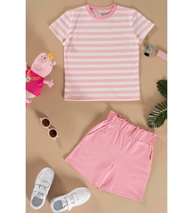 Çizgili Tshirt Şort Pembe Takım
