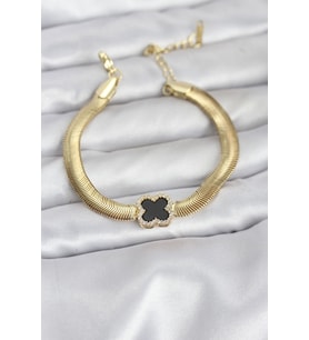 316L Çelik Gold Renk Siyah Yonca Model Zirkon Taşlı Yılan Zincirli Kadın Bilekl - HPSBYI6989-4