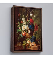 Çerçeveli Çiçekler ve Meyveler Yağlıboya Görünüm Dekoratif Kanvas Duvar Tablosu (Kahverengi)