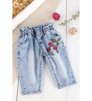 Çilek Nakışlı Denim Kumaşlı Beli Lastikli Kız Bebek Kot Pantolon (Mavi)