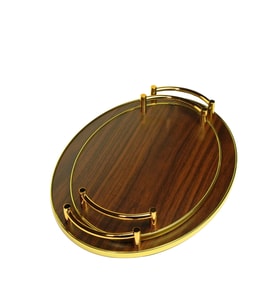 Ahşap Desenli Altın Oval Sunum Tepsisi – 2’li Set Modern Servis Tepsisi
