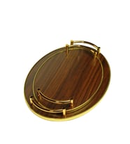 Ahşap Desenli Altın Oval Sunum Tepsisi – 2’li Set Modern Servis Tepsisi