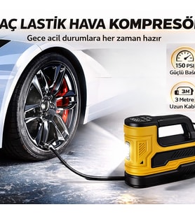 Araç Lastik Hava Kompresörü 150 PSI 12V Çakmaklık Girişli Taşınabilir Dijital Göstergeli LED Işıklı Hava Pompası (Sarı)