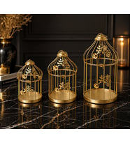 Lüks Gold Dekoratif Kafes Şamdan Seti 3’lü Metal Mumluk Salon ve Masa Aksesuarı Şık Tasarım
