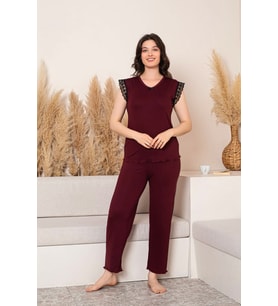 “Bambu Kumaş Büyük Beden Kadın Dantelli Kısa Kollu Pijama Takımı – Yumuşak, Nefes Alabilir, Şık ve Rahat, M-5XL” (Bordo)