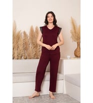 “Bambu Kumaş Büyük Beden Kadın Dantelli Kısa Kollu Pijama Takımı – Yumuşak, Nefes Alabilir, Şık ve Rahat, M-5XL” (Bordo)