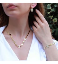 Düğme Modeli Zirkon Taşlı Gold Kaplama Gümüş Set