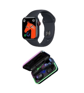 Watch 7 Akıllı Saat ve E10 Mipods LED Işıklı Bluetooth Kulaklık (Siyah)