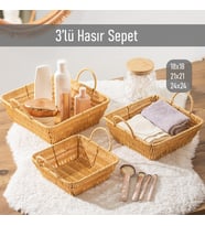 Porsima 303-B Kare 3'lü Hasır Sepet Dekoratif Ev Düzenleyici Kendinden Kulplu Hasır Sepet Seti Banyo Düzenleyici Sepet