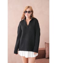 Kadın Polo Yaka Yumuşak Dokulu Oversize Triko Kazak (Siyah)