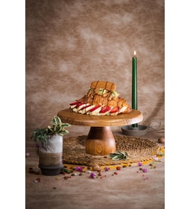 Şık Ahşap Yuvarlak Pasta Sunum Tabağı, 25 cm, ayaklı, doğal tasarım