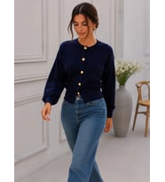 Kadın Gold Metal Düğmeli Triko Hırka Balon Kol Crop Premium Ceket 12525