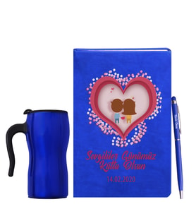 Sevgililer Gününe Özel Mavi Defter Kalem & Termos Mug Hediye Seti 34