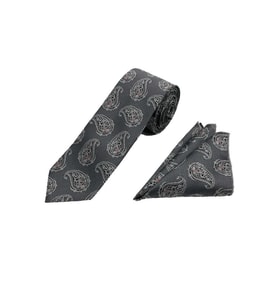 Brianze 7 Cm Gri Siyah Şal Desen Kravat Mendil Set