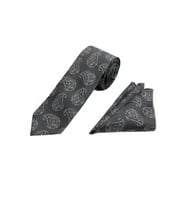 Brianze 7 Cm Gri Siyah Şal Desen Kravat Mendil Set