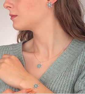 925 Ayar Gümüş Aquamarine Taşlı Nergis Çiçeği Takı Seti