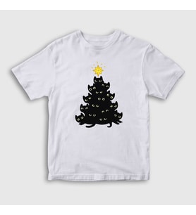 Presmono Unisex Çocuk Beyaz Lights Black Cat Kedi Yılbaşı T-Shirt 364309tt