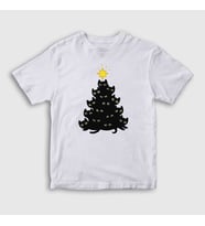 Presmono Unisex Çocuk Beyaz Lights Black Cat Kedi Yılbaşı T-Shirt 364309tt