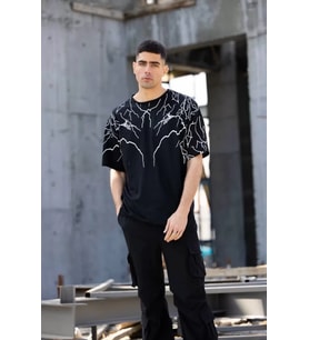 Unisex Bisiklet Yaka Baskılı Oversize T-Shirt - Siyah