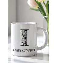 Kişiselleştirilebilir I Harfi Tasarımlı 330ml Baskılı Beyaz Seramik Kupa Bardak (Siyah Beyaz Baskili)