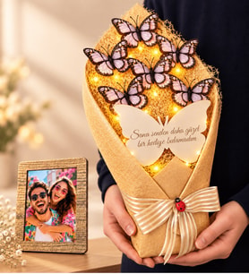 Kişiye Özel Fotoğraflı LED Işıklı Aynalı Beyaz Kelebek Buketi 35 cm Hediye