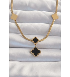 316L Çelik Gold Renk İtalyan Zincirli Mineli Yonca Kolye 5886 - SSSSSS5696-9784